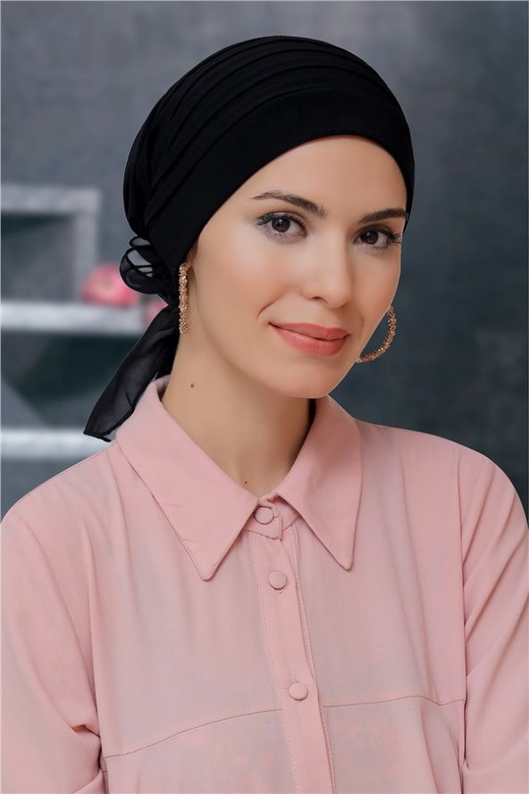 Siyah Pratik Hazır Geçmeli Tesettür Bone Sandy Kumaş Pileli Nervürlü Güllü 1806_01 ürün görseli 1