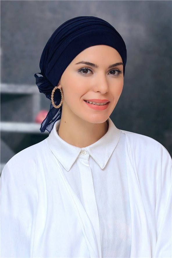 Lacivert Pratik Hazır Geçmeli Tesettür Bone Sandy Kumaş Pileli Nervürlü Güllü 1806_02 ürün görseli 1
