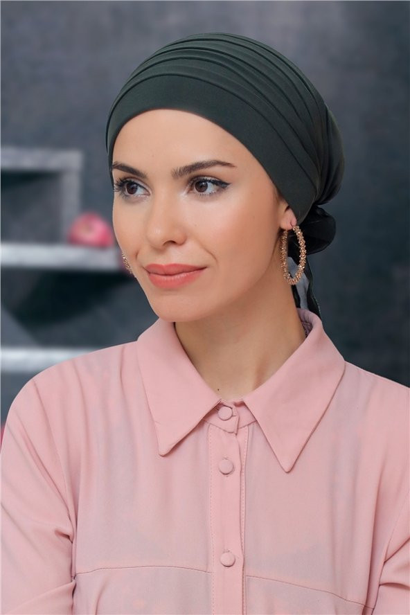 Haki Pratik Hazır Geçmeli Tesettür Bone Sandy Kumaş Pileli Nervürlü Güllü 1806_09 ürün görseli 1