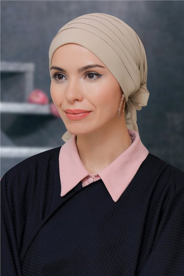 Bej Pratik Hazır Geçmeli Tesettür Bone Sandy Kumaş Pileli Nervürlü Güllü 1806_12 ürün görseli 1