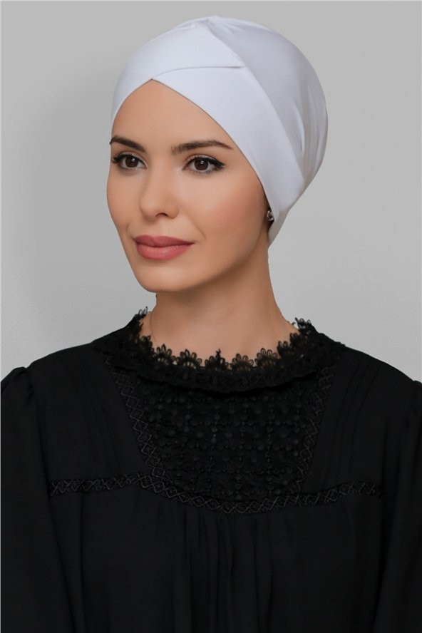 Beyaz Pratik Hazır Geçmeli Tesettür Bone Sandy Kumaş Çapraz Büzgülü 1801_42 ürün görseli 1