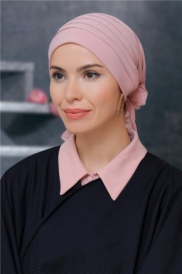 Pudra Pratik Hazır Geçmeli Tesettür Bone Sandy Kumaş Pileli Nervürlü Güllü 1806_06 ürün görseli 1