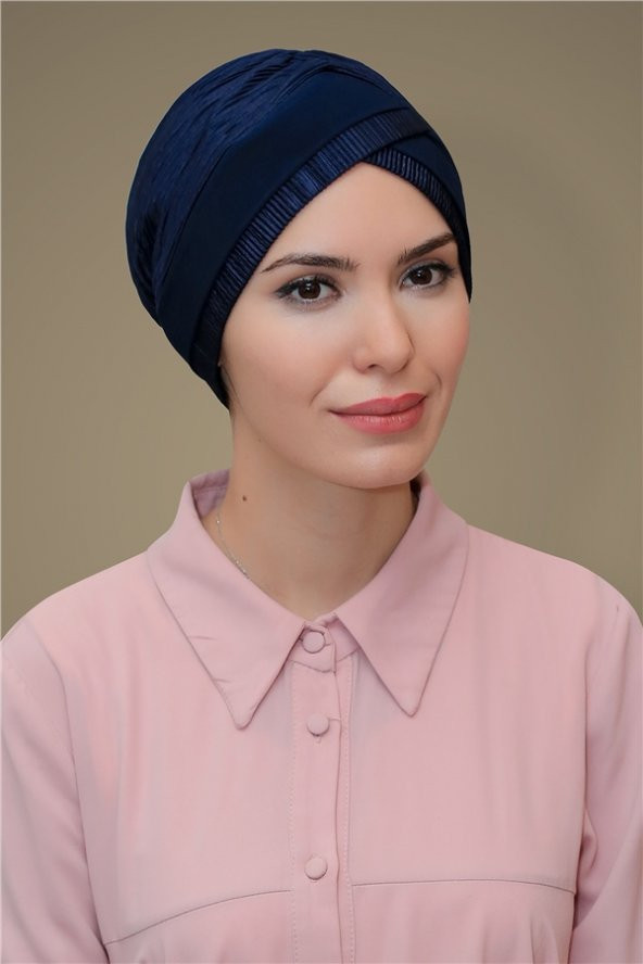 Lacivert Pratik Hazır Geçmeli Tesettür Bone Fukuro Piliseli Tek Bantlı Çapraz Büzgülü 1821_02 ürün görseli 1