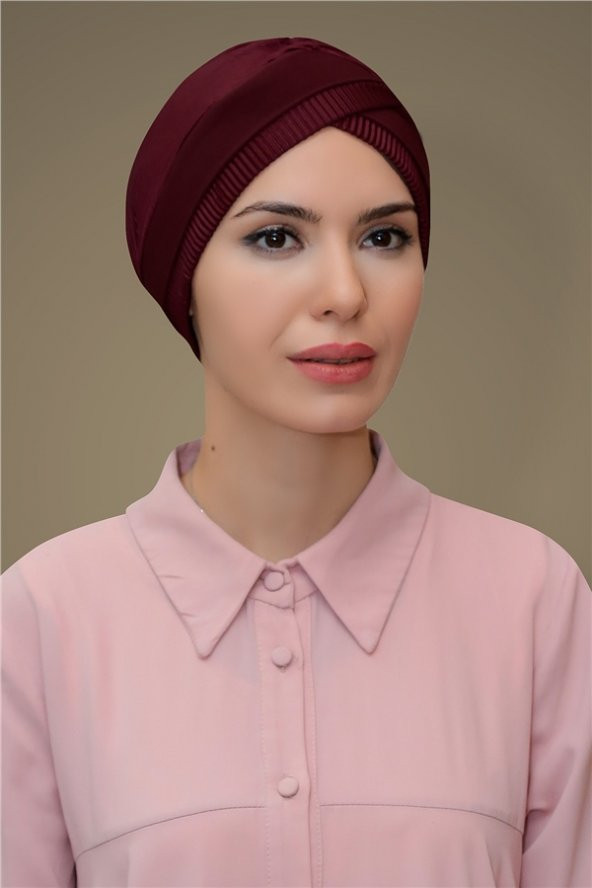 Bordo Pratik Hazır Geçmeli Tesettür Bone Fukuro Piliseli Tek Bantlı Çapraz Büzgülü 1821_16 ürün görseli 1