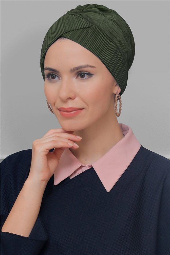 Haki Pratik Hazır Geçmeli Tesettür Bone Fukuro Piliseli Çapraz Büzgülü 1822_09 ürün görseli 1