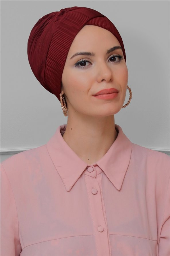 Bordo Pratik Hazır Geçmeli Tesettür Bone Fukuro Piliseli Çapraz Büzgülü 1822_16 ürün görseli 1