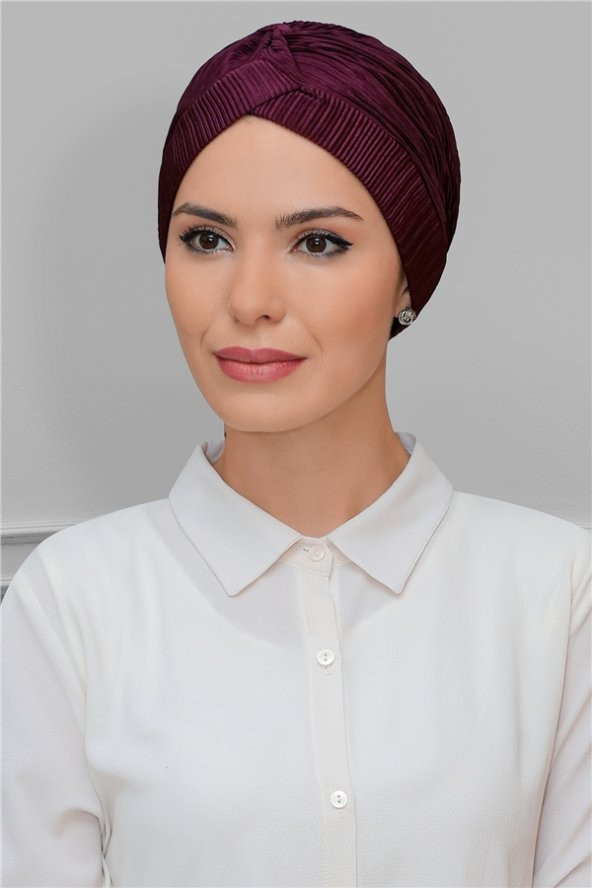 Mürdüm Pratik Hazır Geçmeli Tesettür Bone Fukuro Piliseli Tek Çapraz Büzgülü 1824_07 ürün görseli 1