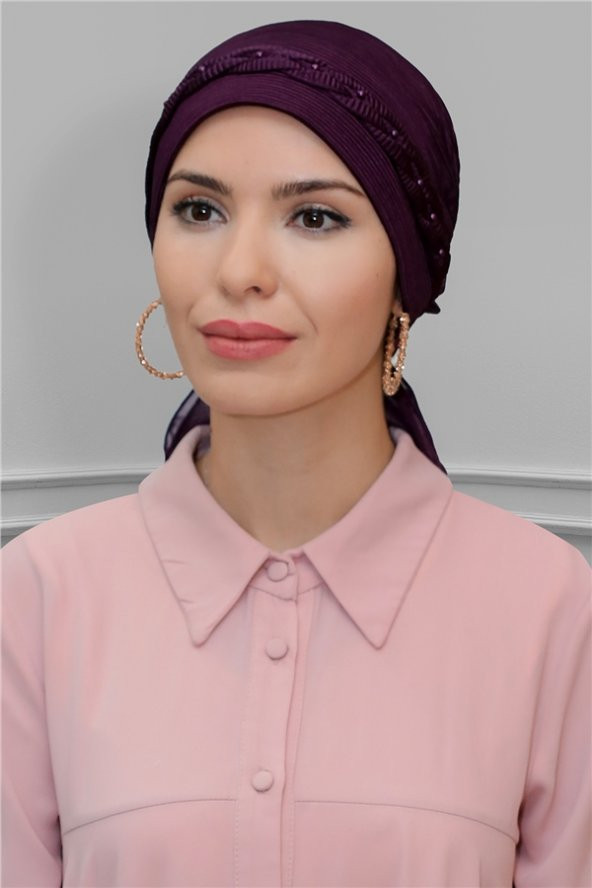 Mürdüm Pratik Hazır Geçmeli Tesettür Bone Fukuro Piliseli Örgülü Güllü 1823_07 ürün görseli 1