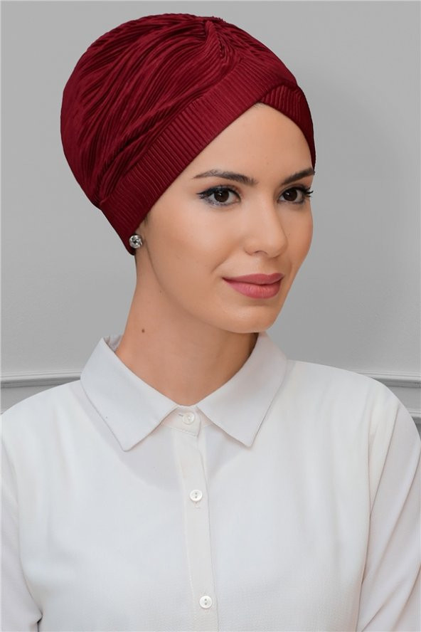 Bordo Pratik Hazır Geçmeli Tesettür Bone Fukuro Piliseli Tek Çapraz Büzgülü 1824_16 ürün görseli 1