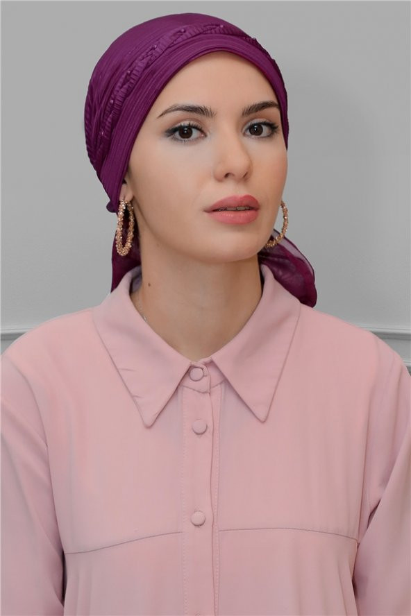 Şarabi Pratik Hazır Geçmeli Tesettür Bone Fukuro Piliseli Örgülü Güllü 1823_08 ürün görseli 1