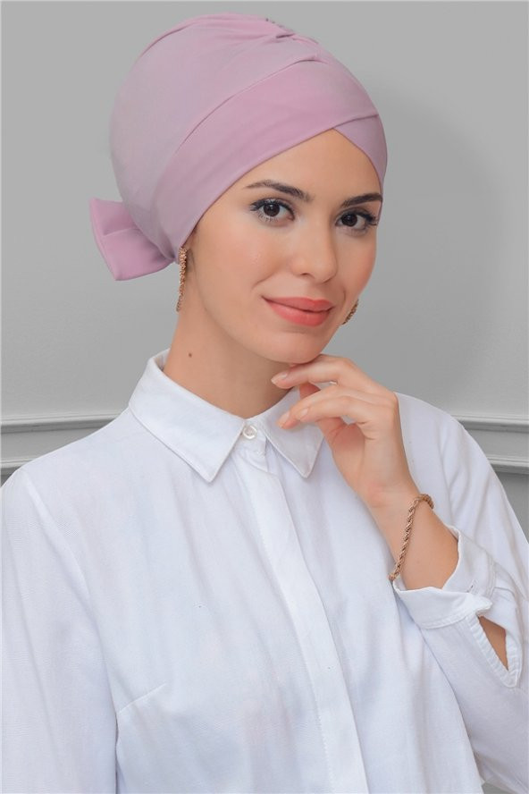 Pudra Pratik Hazır Geçmeli Tesettür Bone Sandy Kumaş Fiyonklu Çift Taraflı Tek Çapraz 1833_06 ürün görseli 1