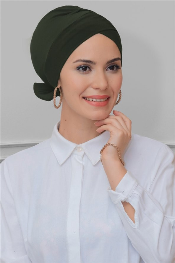 Haki Pratik Hazır Geçmeli Tesettür Bone Sandy Kumaş Fiyonklu Çift Taraflı Tek Çapraz 1833_09 ürün görseli 1