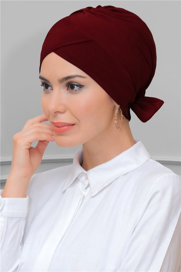 Bordo Pratik Hazır Geçmeli Tesettür Bone Sandy Kumaş Fiyonklu Çift Taraflı Tek Çapraz 1833_16 ürün görseli 1