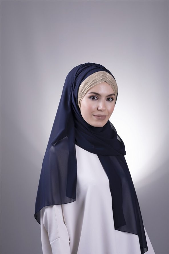 Lacivert-Gold Arkadan Bağlamalı Şal Şifon Üç Bantlı Simli Pileli 1835_0202 ürün görseli 1