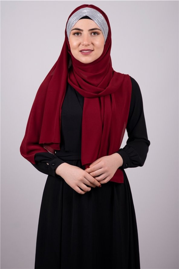 Bordo-Gümüş Arkadan Bağlamalı Şal Şifon Üç Bantlı Simli Pileli 1835_1601 ürün görseli 1