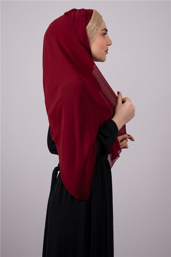 Bordo-Gold Arkadan Bağlamalı Şal Şifon Üç Bantlı Simli Pileli 1835_1602 ürün görseli 1
