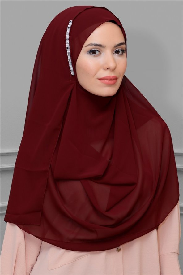 Bordo Pratik Hazır Geçmeli Malezya Şal Şifon Taşlı 1850_16 ürün görseli 1