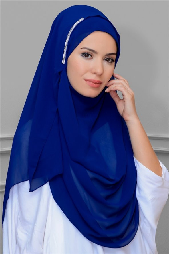 Saks Mavisi Pratik Hazır Geçmeli Malezya Şal Şifon Taşlı 1850_24 ürün görseli 1