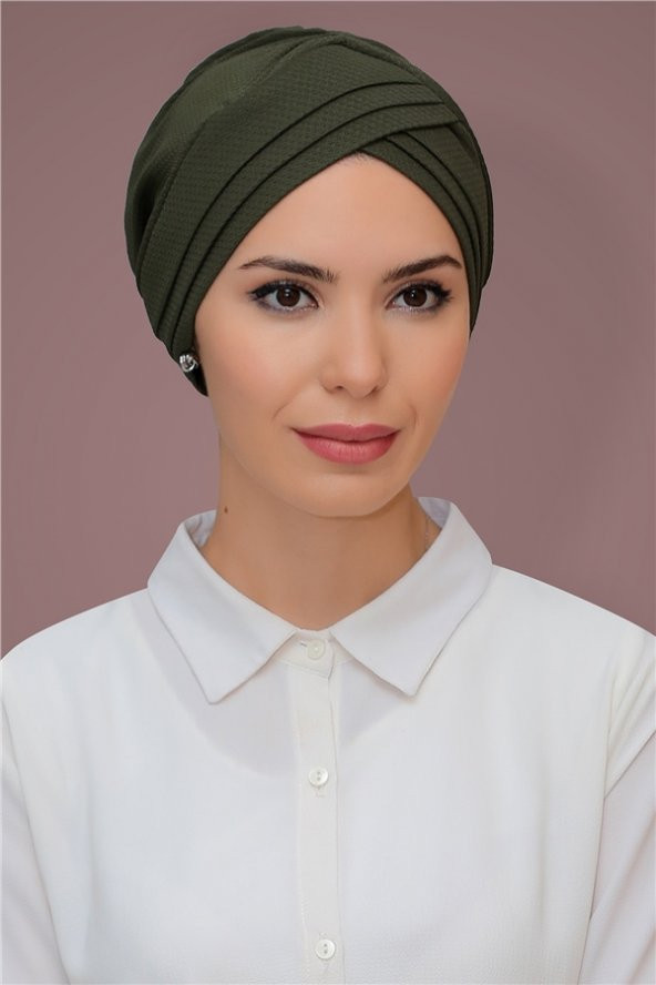 Haki Pratik Hazır Geçmeli Tesettür Bone Petekli Mevsimlik Üç Çapraz Sade 1863_09 ürün görseli 1