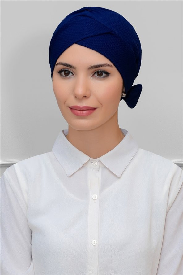 Lacivert Pratik Hazır Geçmeli Tesettür Bone Petekli Fiyonklu Çift Taraflı Tek Çapraz 1865_02 ürün görseli 1