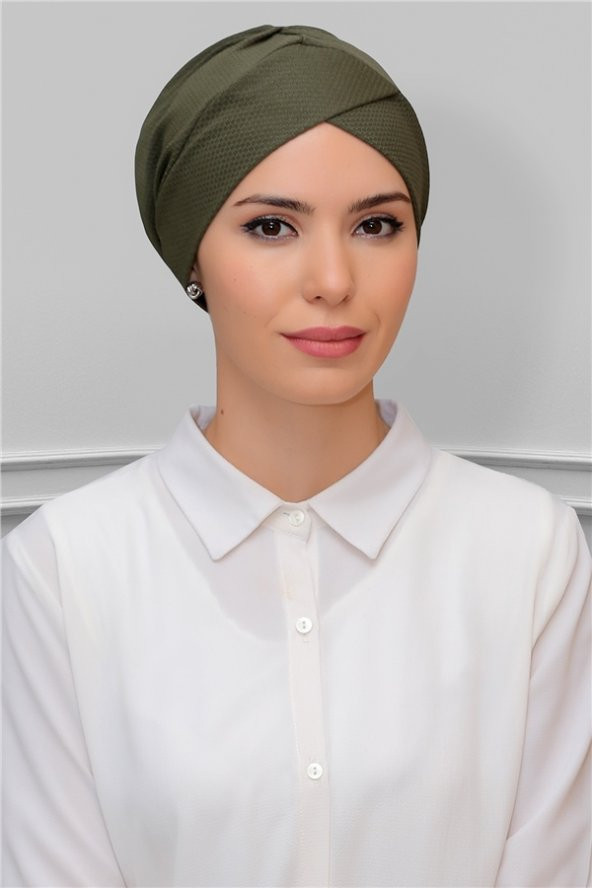 Haki Pratik Hazır Geçmeli Tesettür Bone Petekli Fiyonklu Çift Taraflı Tek Çapraz 1865_09 ürün görseli 1