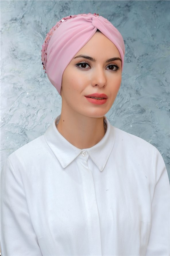Pudra Pratik Hazır Geçmeli Tesettür Bone Sandy Kumaş Pullu Büzgülü 1906_06 ürün görseli 1