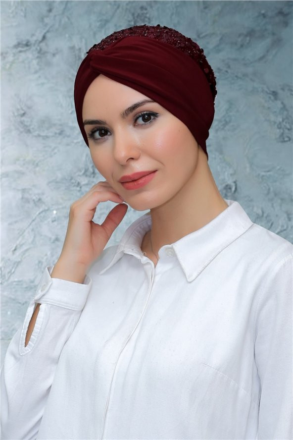 Bordo Pratik Hazır Geçmeli Tesettür Bone Sandy Kumaş Pullu Büzgülü 1906_16 ürün görseli 1