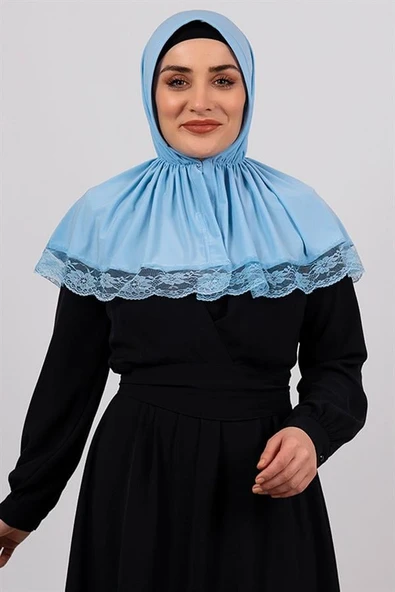Bebe Mavisi Pratik Hazır Geçmeli Tesettür Eşarp Viskon Kumaş Çıtçıtlı Dantelli 2105_11 ürün görseli 1
