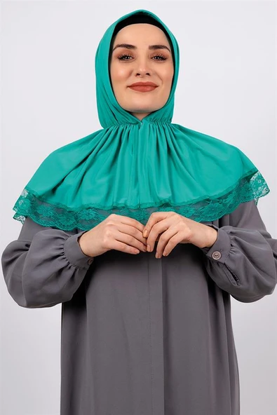 Mint Yeşili Pratik Hazır Geçmeli Tesettür Eşarp Viskon Kumaş Çıtçıtlı Dantelli 2105_13 ürün görseli 1