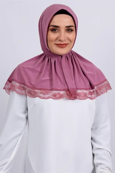 Gül Kurusu Pratik Hazır Geçmeli Tesettür Eşarp Viskon Kumaş Çıtçıtlı Dantelli 2105_18 ürün görseli 1