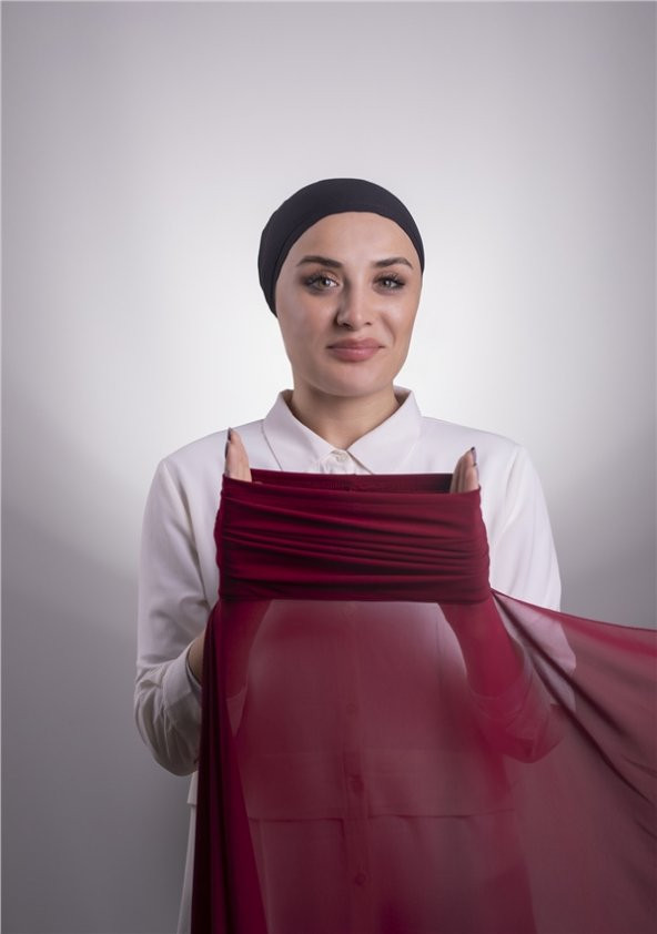 Bordo Pratik Hazır Geçmeli Şal Şifon Boru Boneli 3001_16 ürün görseli 1