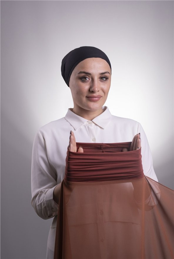 Koyu Kiremit Pratik Hazır Geçmeli Şal Şifon Boru Boneli 3001_29 ürün görseli 1