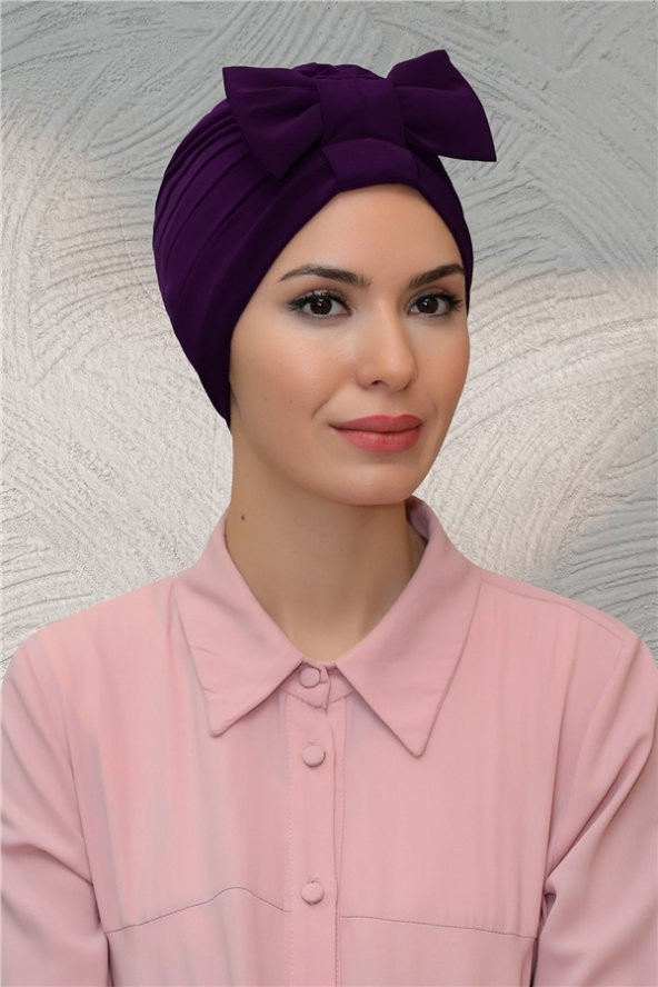 Mürdüm Pratik Hazır Geçmeli Tesettür Bone Sandy Kumaş Fiyonklu Büzgülü 7010_07 ürün görseli 1