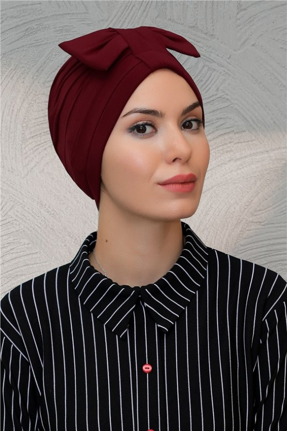 Bordo Pratik Hazır Geçmeli Tesettür Bone Sandy Kumaş Fiyonklu Büzgülü 7010_16 ürün görseli 1