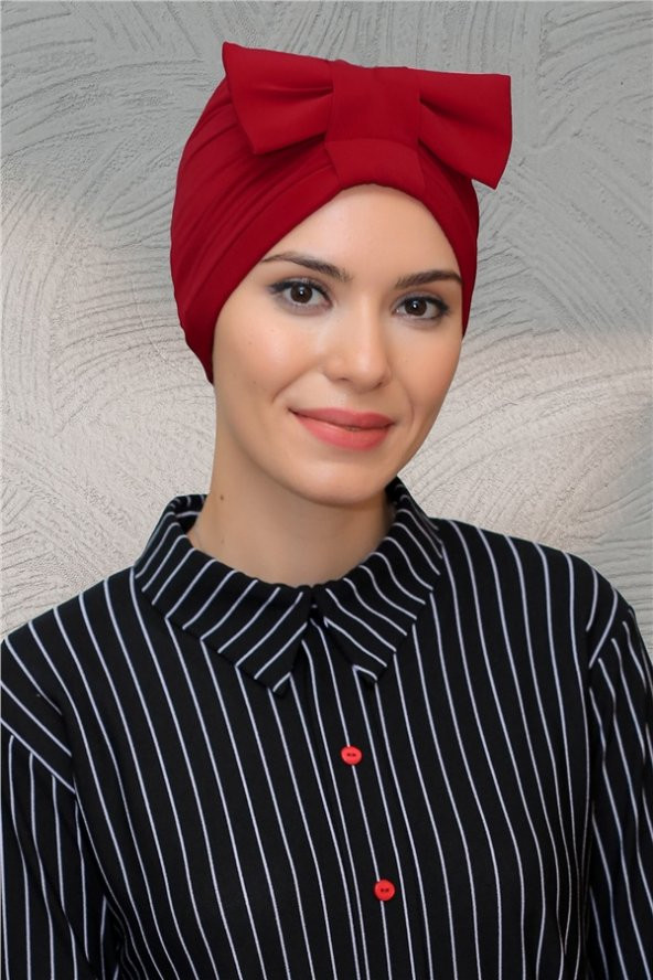 Kırmızı Pratik Hazır Geçmeli Tesettür Bone Sandy Kumaş Fiyonklu Büzgülü 7010_31 ürün görseli 1