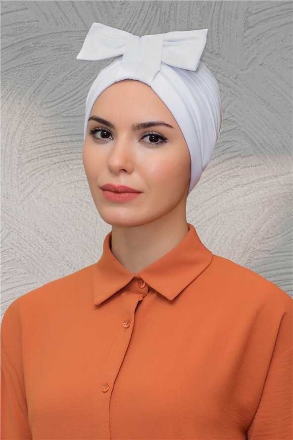 Beyaz Pratik Hazır Geçmeli Tesettür Bone Sandy Kumaş Fiyonklu Büzgülü 7010_42 ürün görseli 1
