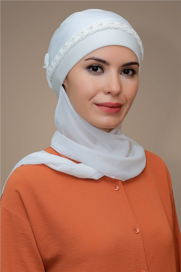 Krem Pratik Hazır Geçmeli Tesettür Bone Sandy Kumaş Örgülü Güllü Şifon Atkılı 1203A_40 ürün görseli 1