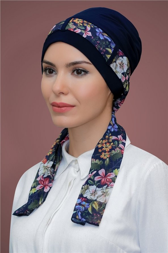 Lacivert Pratik Hazır Geçmeli Tesettür Bone Sandy Kumaş Desenli Şifon Kemerli 1205D_02 ürün görseli 1