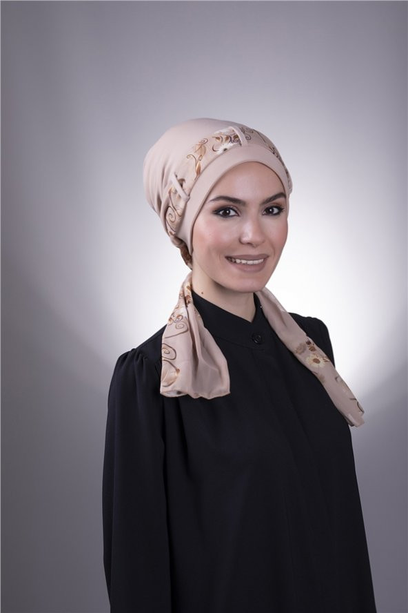 Bej Pratik Hazır Geçmeli Tesettür Bone Sandy Kumaş Desenli Şifon Kemerli 1205D_12 ürün görseli 1