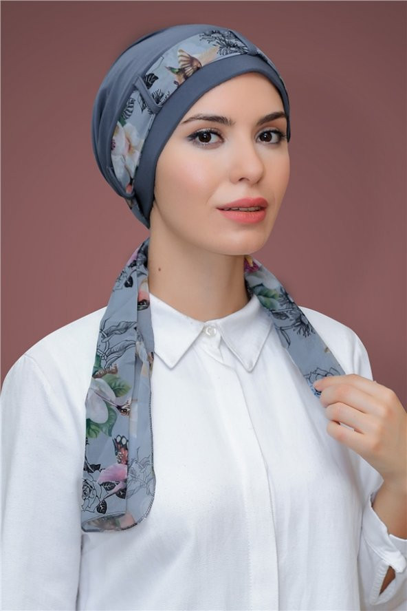 Gri Pratik Hazır Geçmeli Tesettür Bone Sandy Kumaş Desenli Şifon Kemerli 1205D_15 ürün görseli 1
