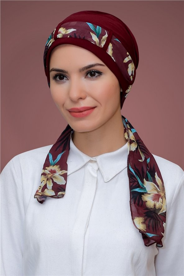 Bordo Pratik Hazır Geçmeli Tesettür Bone Sandy Kumaş Desenli Şifon Kemerli 1205D_16 ürün görseli 1