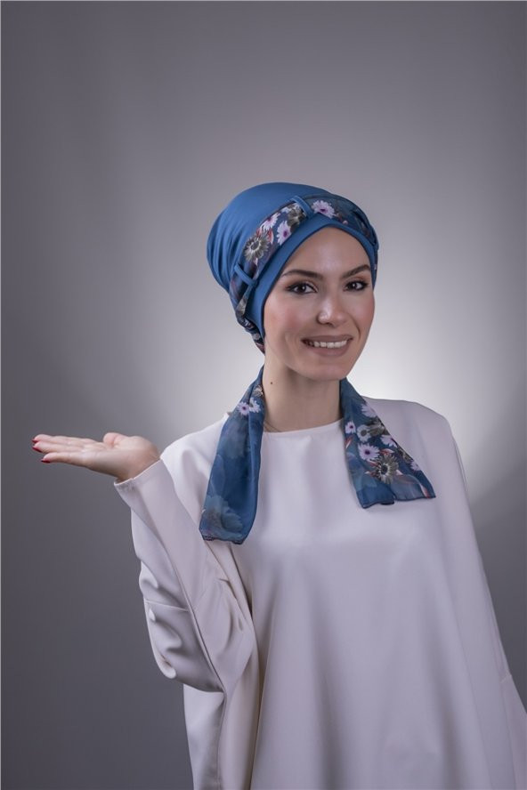 P. Mavisi Pratik Hazır Geçmeli Tesettür Bone Sandy Kumaş Desenli Şifon Kemerli 1205D_17 ürün görseli 1