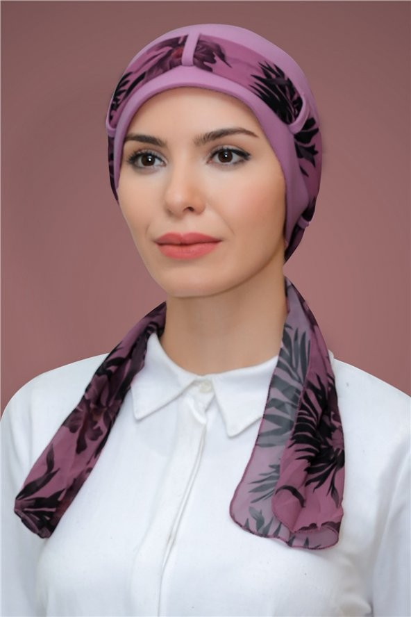 Gül Kurusu Pratik Hazır Geçmeli Tesettür Bone Sandy Kumaş Desenli Şifon Kemerli 1205D_18 ürün görseli 1
