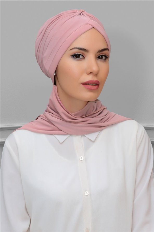 Pudra Pratik Hazır Geçmeli Tesettür Bone Sandy Kumaş Taçlı Büzgülü Şifon Atkılı 1208A_06 ürün görseli 1