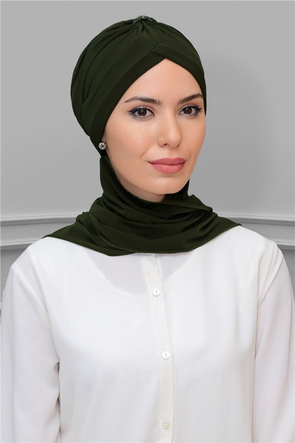 Haki Pratik Hazır Geçmeli Tesettür Bone Sandy Kumaş Taçlı Büzgülü Şifon Atkılı 1208A_09 ürün görseli 1