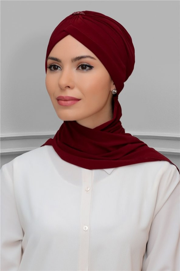 Bordo Pratik Hazır Geçmeli Tesettür Bone Sandy Kumaş Taçlı Büzgülü Şifon Atkılı 1208A_16 ürün görseli 1