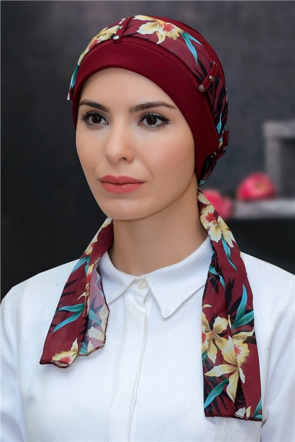 Bordo Pratik Hazır Geçmeli Tesettür Bone Sandy Kumaş Desenli Şifon Kemerli 1305D_16 ürün görseli 1