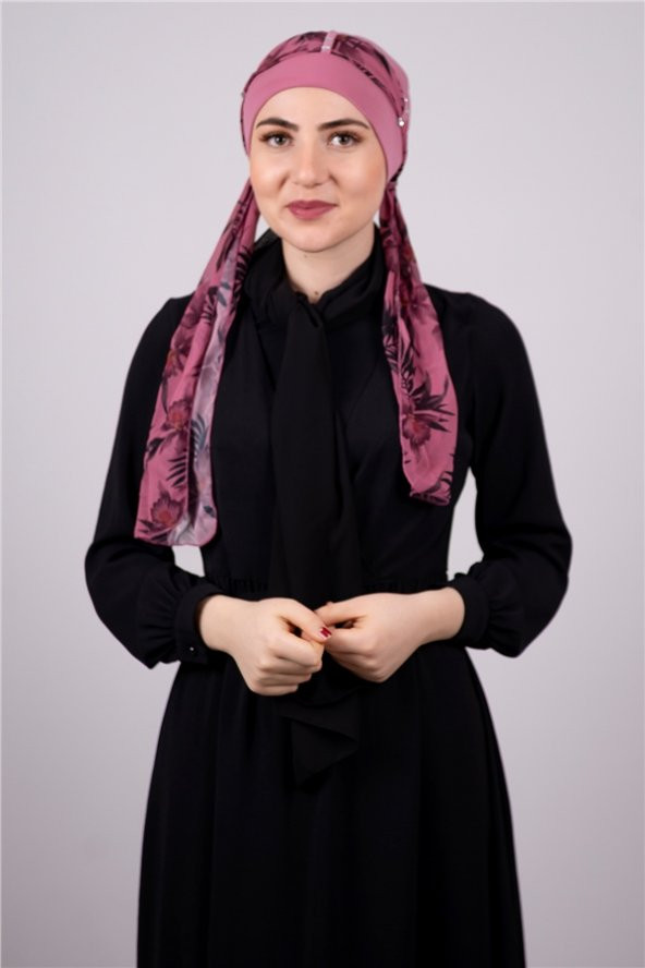 Gül Kurusu Pratik Hazır Geçmeli Tesettür Bone Sandy Kumaş Desenli Şifon Kemerli 1305D_18 ürün görseli 1