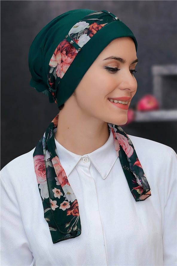 Zümrüt Pratik Hazır Geçmeli Tesettür Bone Sandy Kumaş Desenli Şifon Kemerli 1305D_37 ürün görseli 1