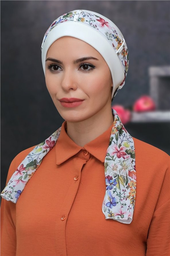 Krem Pratik Hazır Geçmeli Tesettür Bone Sandy Kumaş Desenli Şifon Kemerli 1305D_40 ürün görseli 1